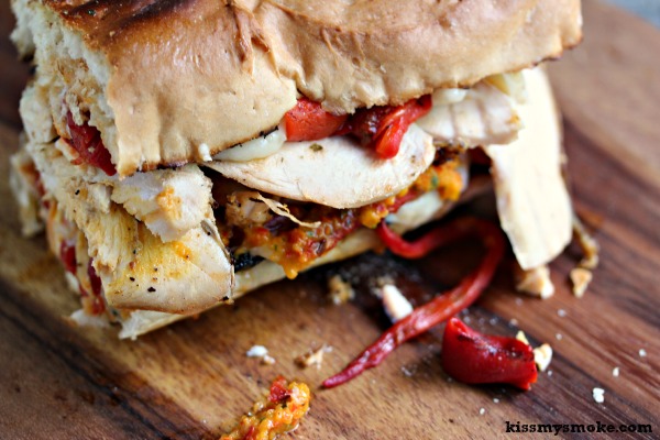 Grilled Smoked Chicken Sandwich with Roasted Red Peppers, Mozzarella, and Red and Yellow Pepper Pesto 