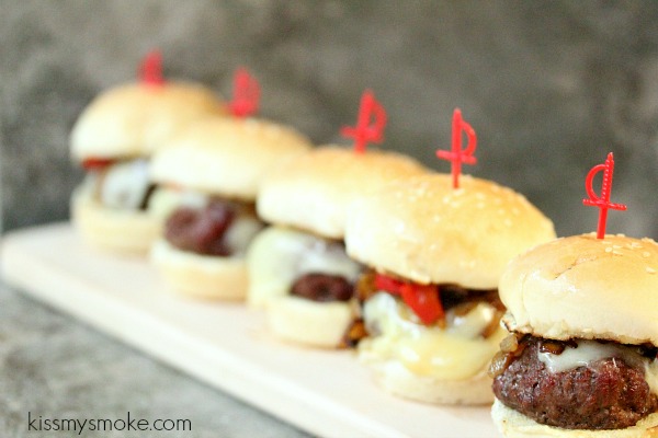 Planked Beef Sliders with Provolone, Roasted Red Peppers and Caramelized Onions | kissmysmoke.com | Perfect little beef burgers for any weekend or game day! Very easy to make!