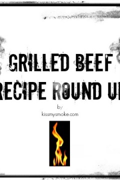 Graphic stating grilled beef recipe round up with a flame underneath the text, edges of graphic look like burnt paper.