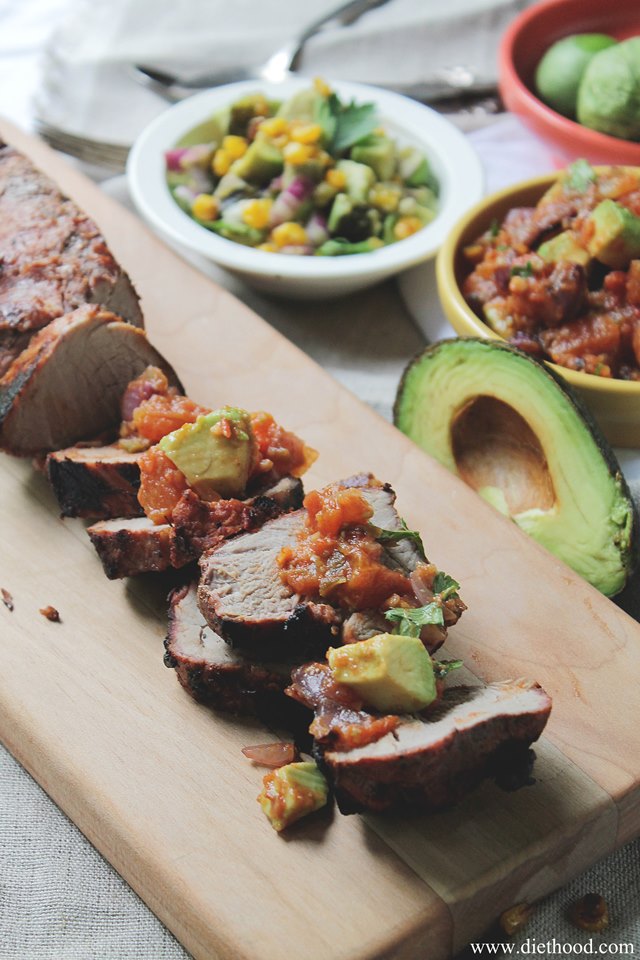 Grilled Pork Tenderloin With Avocado Apricot Salsa by Diethood | Grilled Pork Round Up Featured on kissmysmoke.com