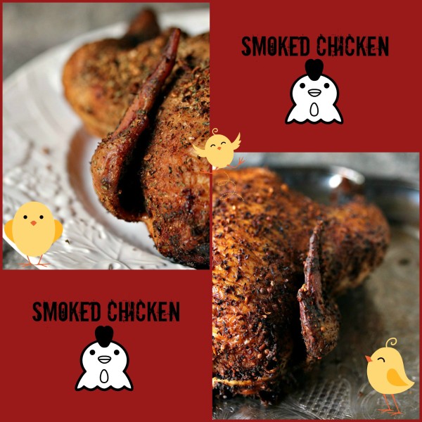 Smoked chicken graphic featuring two pictures of whole smoked chickens and two graphics with a cartoon chicken and text. 