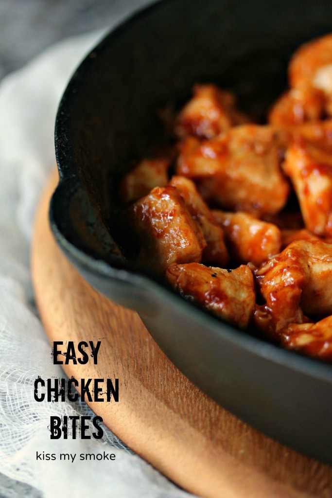Easy Chicken Bites- There is something about chicken slathered in barbecue sauce that just makes me weak in the knees. Even better when it's a sauce from my favourite grill company. Get the recipe at kissmysmoke.com 