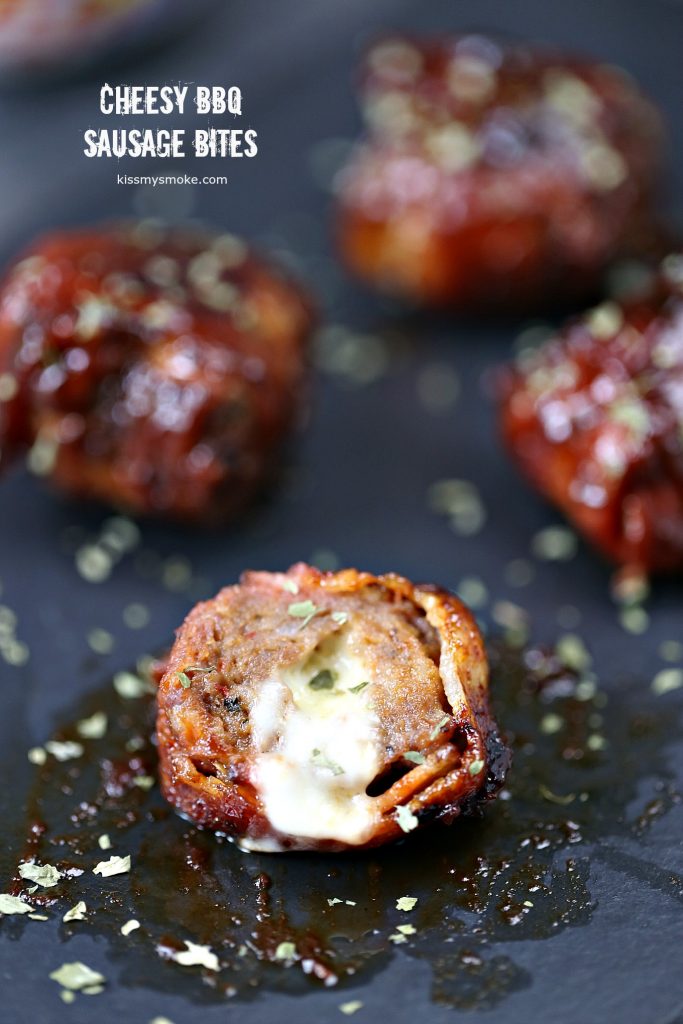 Cheesy BBQ Sausage Bites stuffed with cheese and wrapped in bacon. 