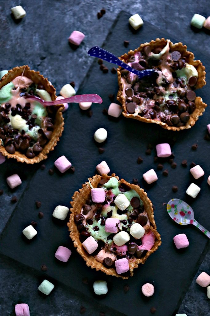 overhead image of S'mores Campfire Waffle Cups 