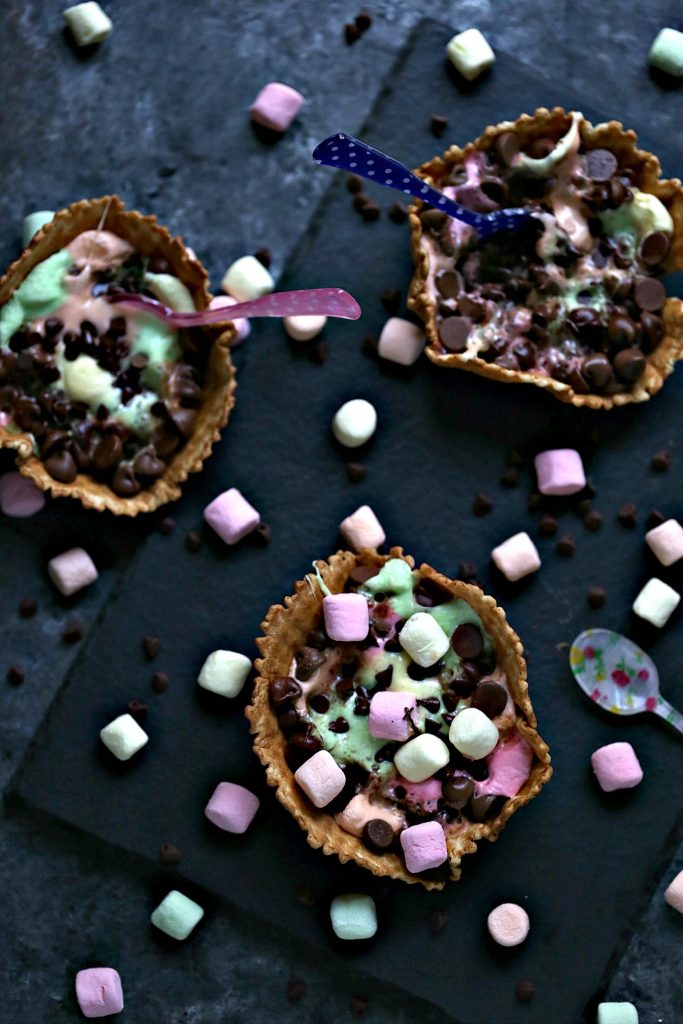 S'mores Campfire Waffle Cups on a black slate serving dish