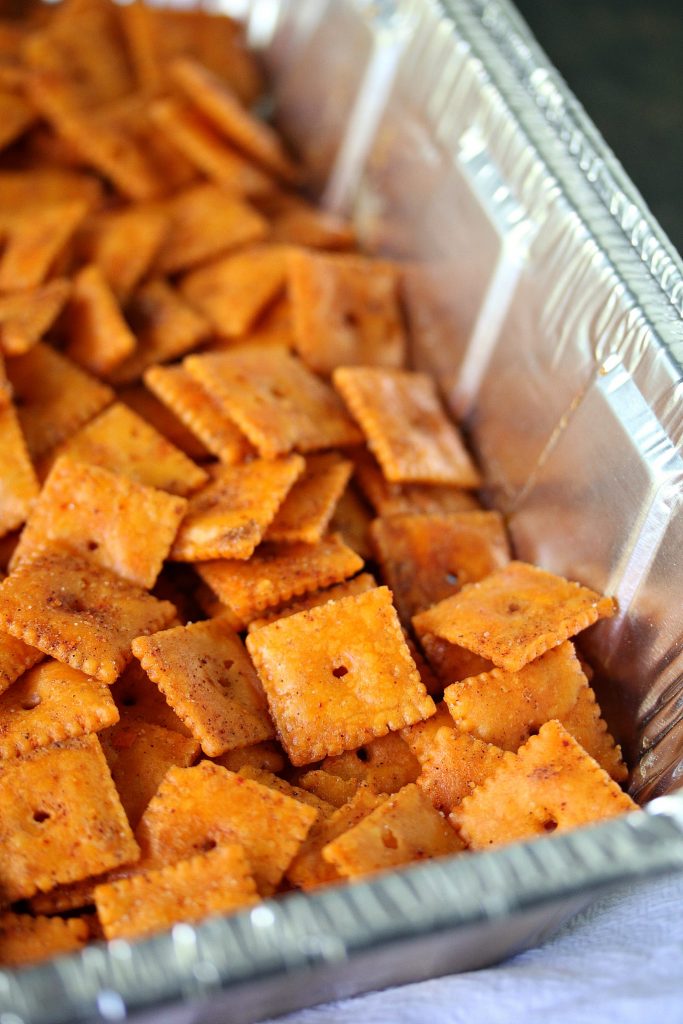 Smoked Cheez Its in a pan ready to be loaded into the smoker!