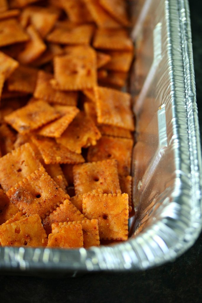 Smoked Cheez Its in pan ready to go on the smoker!