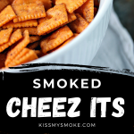 Smoked cheez its served in a white bowl.
